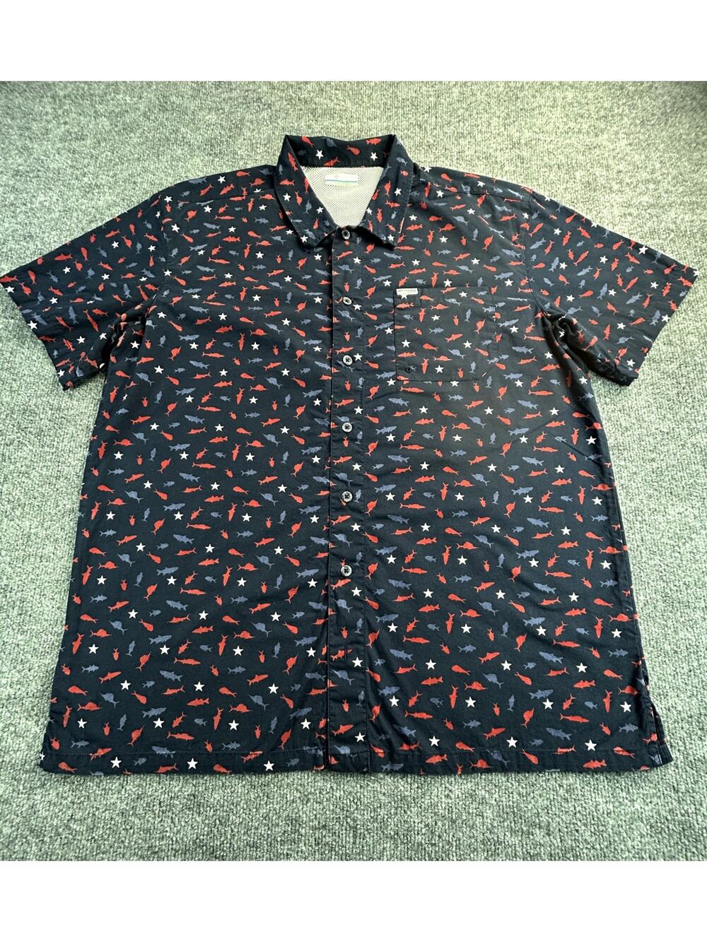 Columbia PFG Fishing Shirt Men's Large Blue Fish Print Button Up Vented
